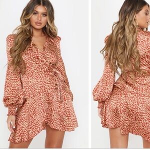 PrettyLittleThing Red Animal Print Long Sleeve Dress